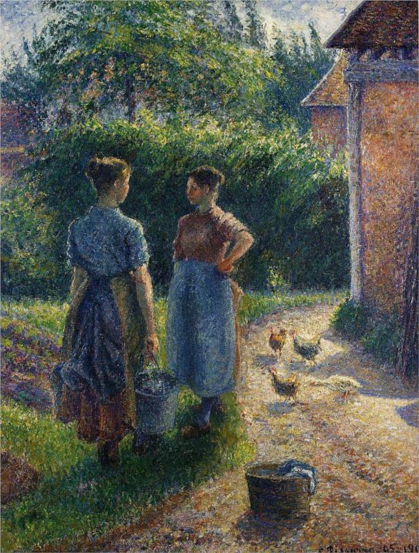 Peasants Chatting in the Farmyard, Eragny - Camille Pissarro Paintings